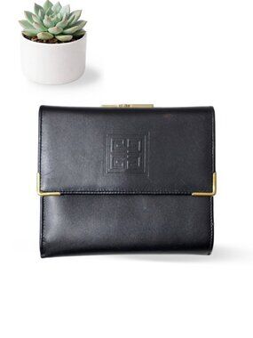 Givenchy Vintage Leather Wallet Black Gold Frame Authentic Compact Made in Spain